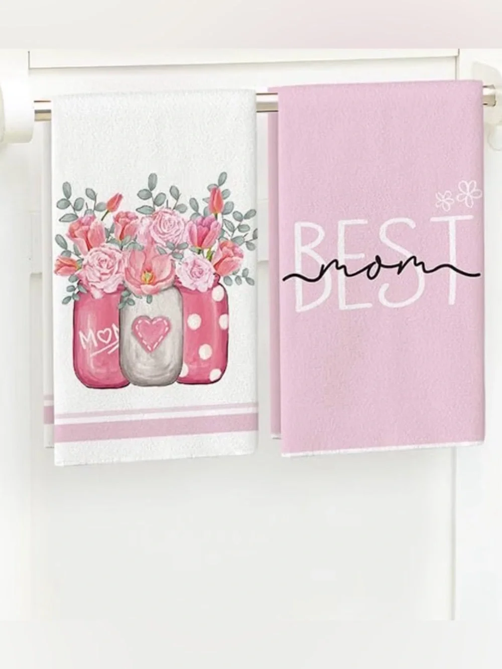 Pink Flowers Best Mom Kitchen Dish Towels 18x26 Inch 2-Pack